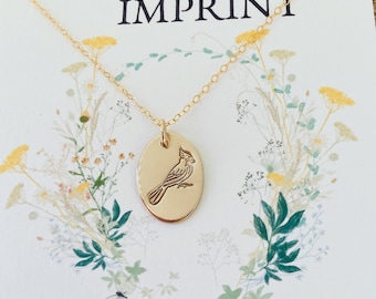 14k Gold Filled Cardinal Necklace: Hand Stamped Bird Charm