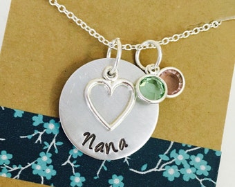 Nana Necklace, Grandma Necklace, Grandma Heart Necklace with Birthstones