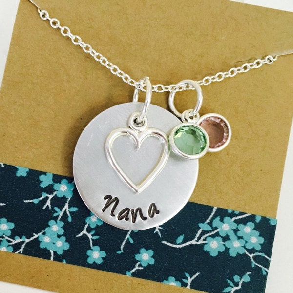 Nana Necklace, Grandma Necklace, Grandma Heart Necklace with Birthstones