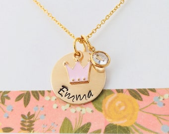 Little Girls Name Necklace, Princess Necklace, Crown Necklace, Hand Stamped Kids Necklace