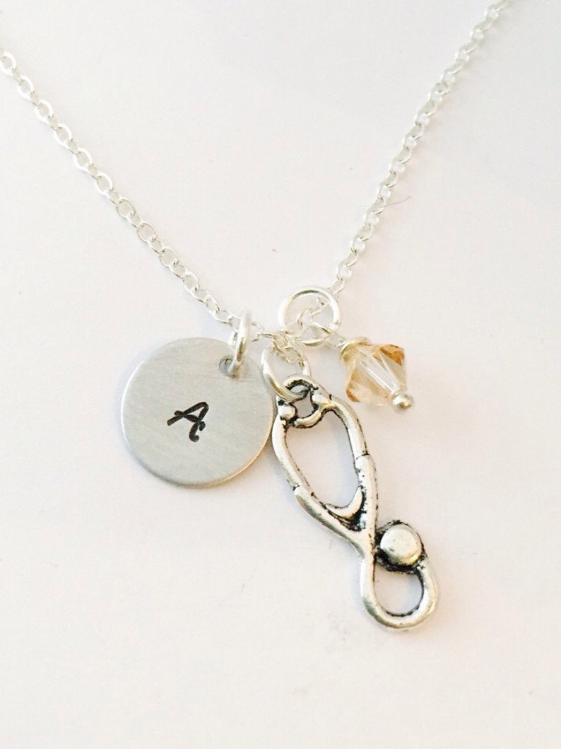 Stethoscope Initial Necklace Swarovski Crystal Birthstone Etsy