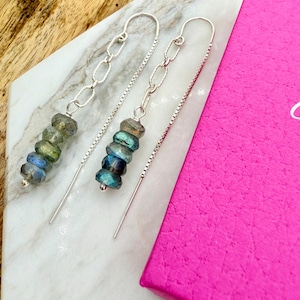 Labradorite Threader Earrings, Sterling Silver  Gemstone Threader Earrings, Labradorite Drop Earrings