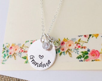 Sterling Silver Grandma Necklace, Birthstone Necklace for Mom