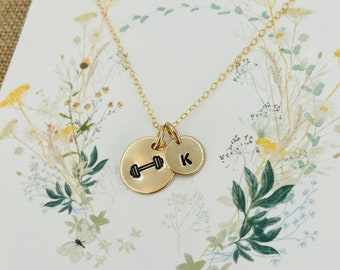 Gold Filled Barbell Necklace: Personalized Initial Weightlifting Gift