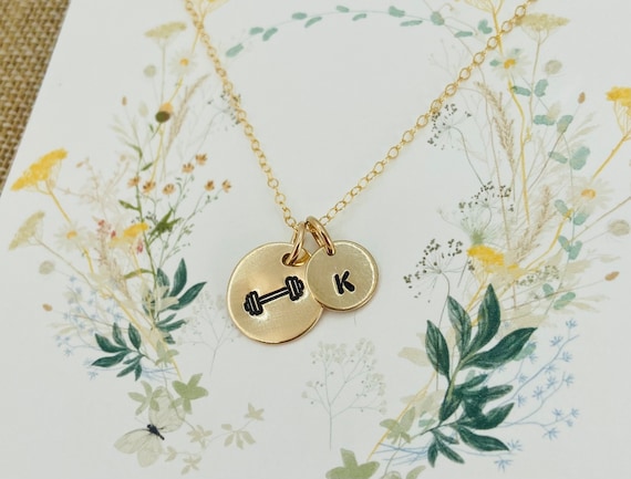 Gold Filled Barbell Necklace: Personalized Initial Weightlifting Gift