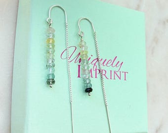 Sterling Silver Aquamarine Threader Earrings: Faceted Mutli Color Gemstone Drop Front-Back Style