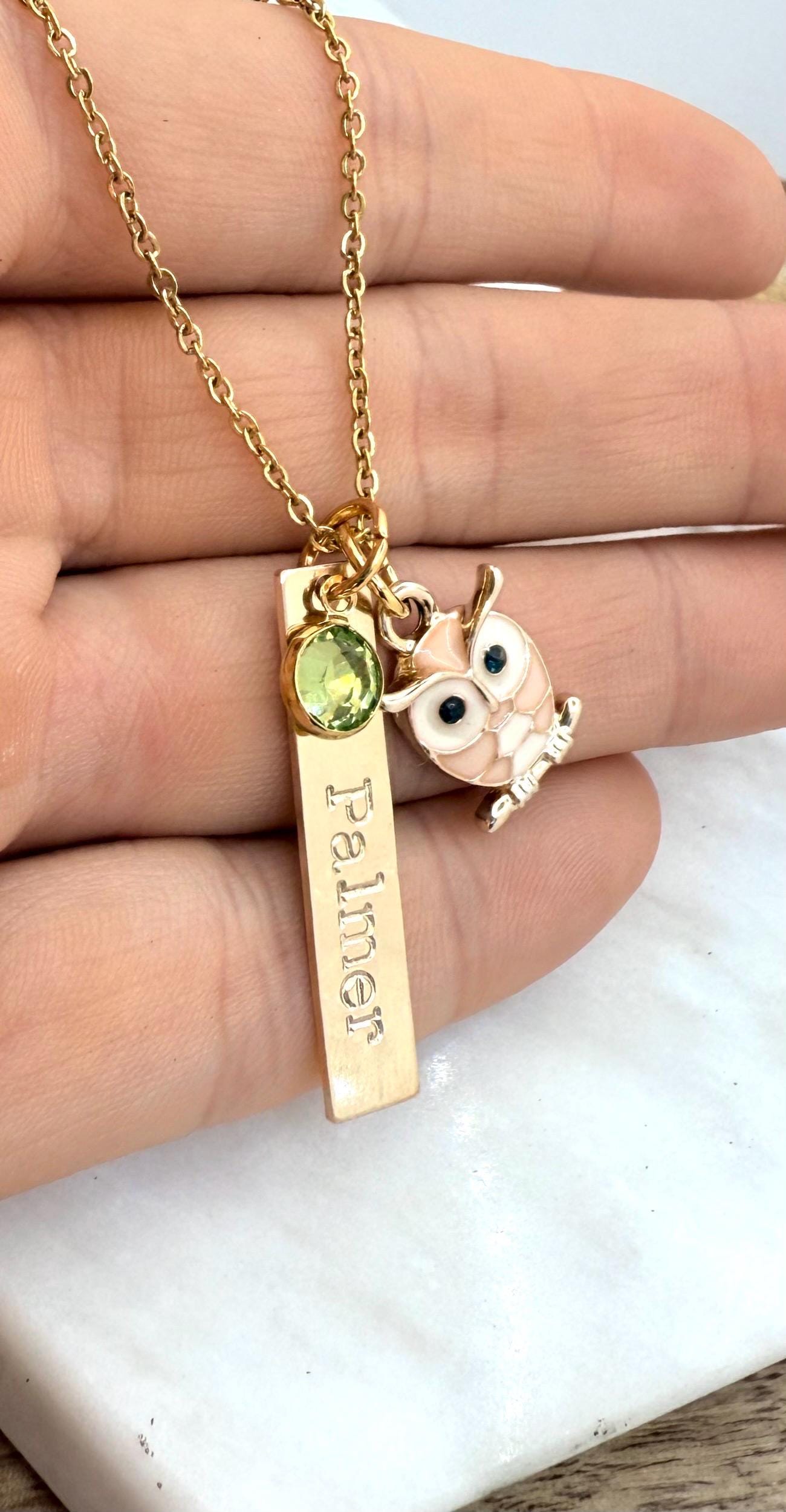 Personalized Owl Necklace: Gold Filled Bar, Crystal, Enamel Charm