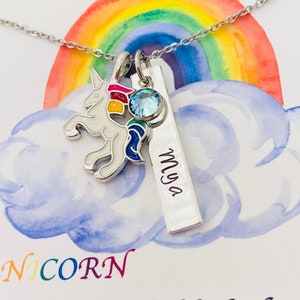 Personalized Unicorn Name Necklace: Hand Stamped Sterling Silver, Crystal Charm