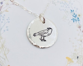 Hand Stamped Raven Necklace: Sterling Silver Bird Charm