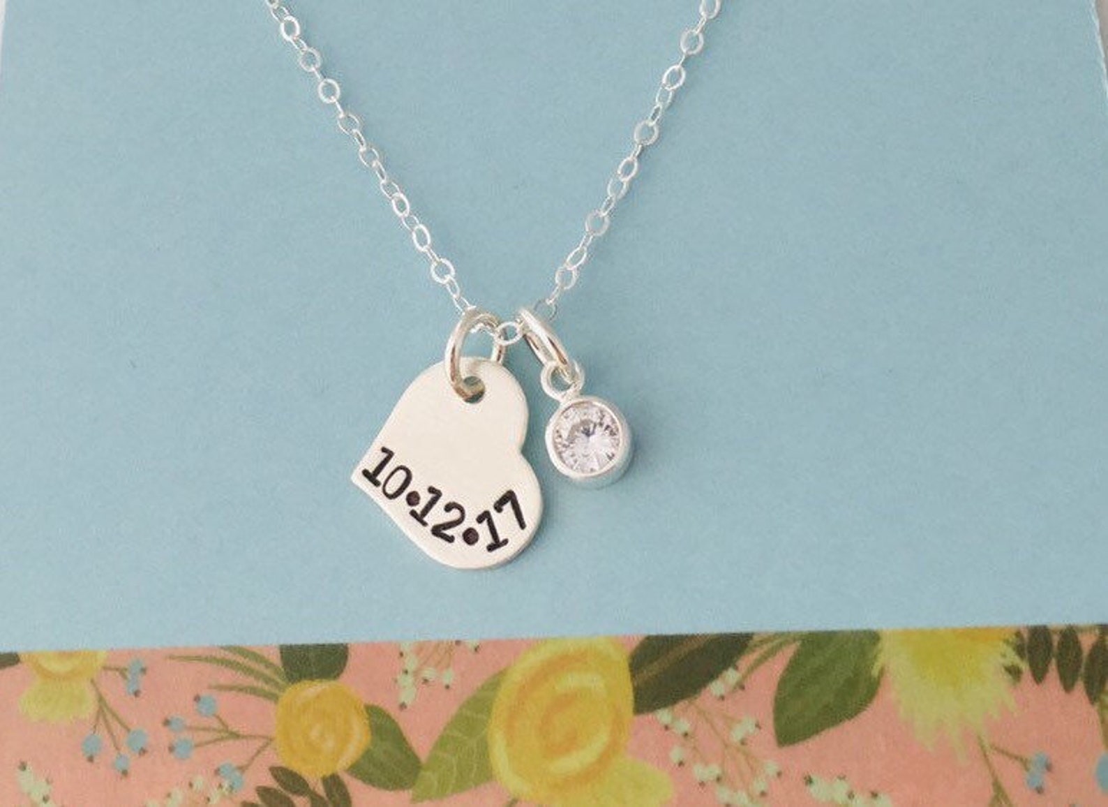 Sterling Silver Date Necklace Personalized Date on Heart Etsy