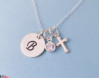 Sterling Silver Cross Necklace, Initial Cross Necklace, Confirmation Necklace