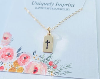 Tiny Gold Cross Necklace, Small Gold Cross Necklace, Gold Tag Jewelry, 14k Gold filled