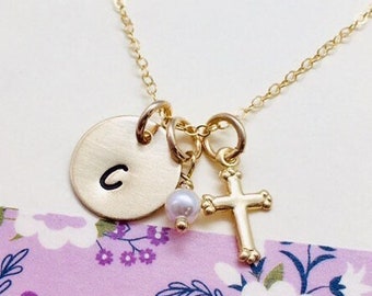 Cross Initial Necklace, Gold Cross Necklace, Confirmation Necklace