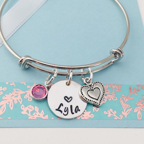 Personalized Name Bangle Bracelet, Bracelet with Heart Charm