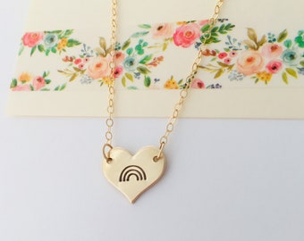 Gold Rainbow Necklace, Gold Rainbow, Rainbow on a Heart, 14k Gold Filled