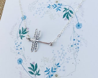 Sterling Silver Dragonfly Necklace: Hand Stamped Pendant, 18" Chain