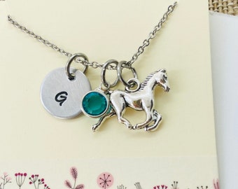 Hand Stamped Initial Horse Necklace: Personalized Charm, Crystal Accent
