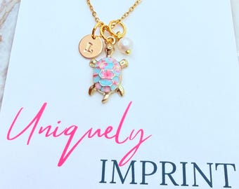Personalized Sea Turtle Necklace - Enamel Turtle Charm with Initial & Pearl - Gold Ocean Jewelry - Beach Lover Gift - Pink Turtle Charm