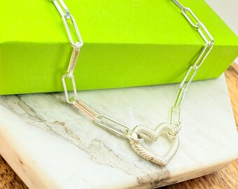 Sterling Silver Paperclip Bracelet with Heart Clasp