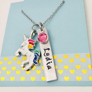 Personalized Unicorn Necklace: Hand Stamped Name, Crystal Charm