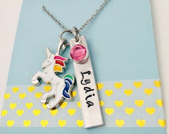 Personalized Unicorn Necklace: Hand Stamped Name, Crystal Charm