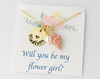 Beach Wedding Flower Girl Necklace, Sea Shell Necklace, Flower Girl Proposal