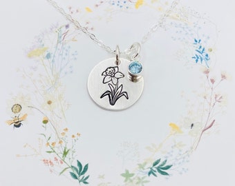 Daffodil Flower Necklace: March Birthstone, Sterling Silver