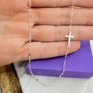 Sterling Silver Mini Sideways Cross Necklace, Sequin Chain