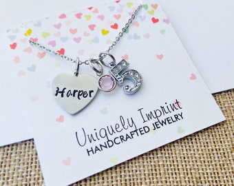 Personalized Birthday Necklace: Stamped Name, Birthstone Charm