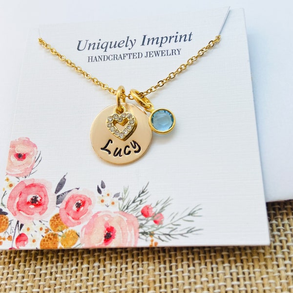 Girls Personalized Name Necklace, Name Birthstone Necklace, Birthday Necklace
