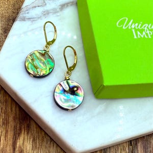 Abalone Shell Earrings, Natural Shell Earrings, Iridescent Shell Earrings, Coin Shell Earrings