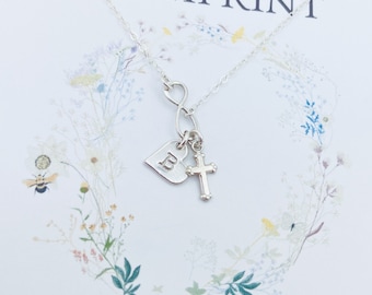Sterling Silver Cross Necklace, Sterling Silver Cross with Initial Necklace, Cross Infinity Necklace