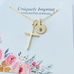 Gold Cross Necklace, Gold Cross with Initial, Religious Jewelry