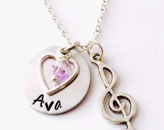 Music Necklace, Treble Clef Charm , Treble Clef Necklace ,Name Necklace, Hand Stamped Necklace ,Gift for her, Music Teacher