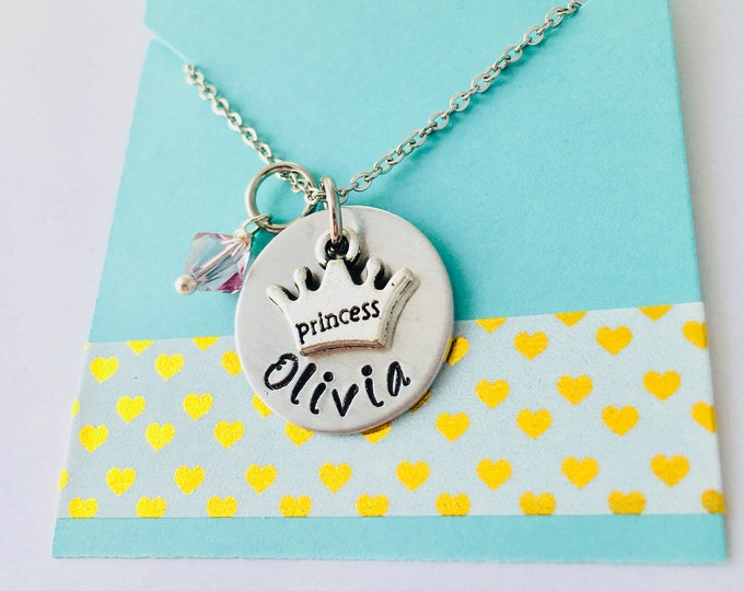 Hand Stamped Princess Crown Name Necklace: Personalized Girl's Jewelry