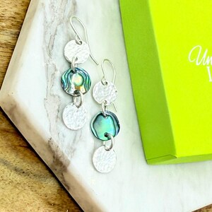Abalone Shell Earrings, Sterling Silver Hammered Discs and Shell Earrings, Shell Drop Earrings, Cascading Shell Earrings