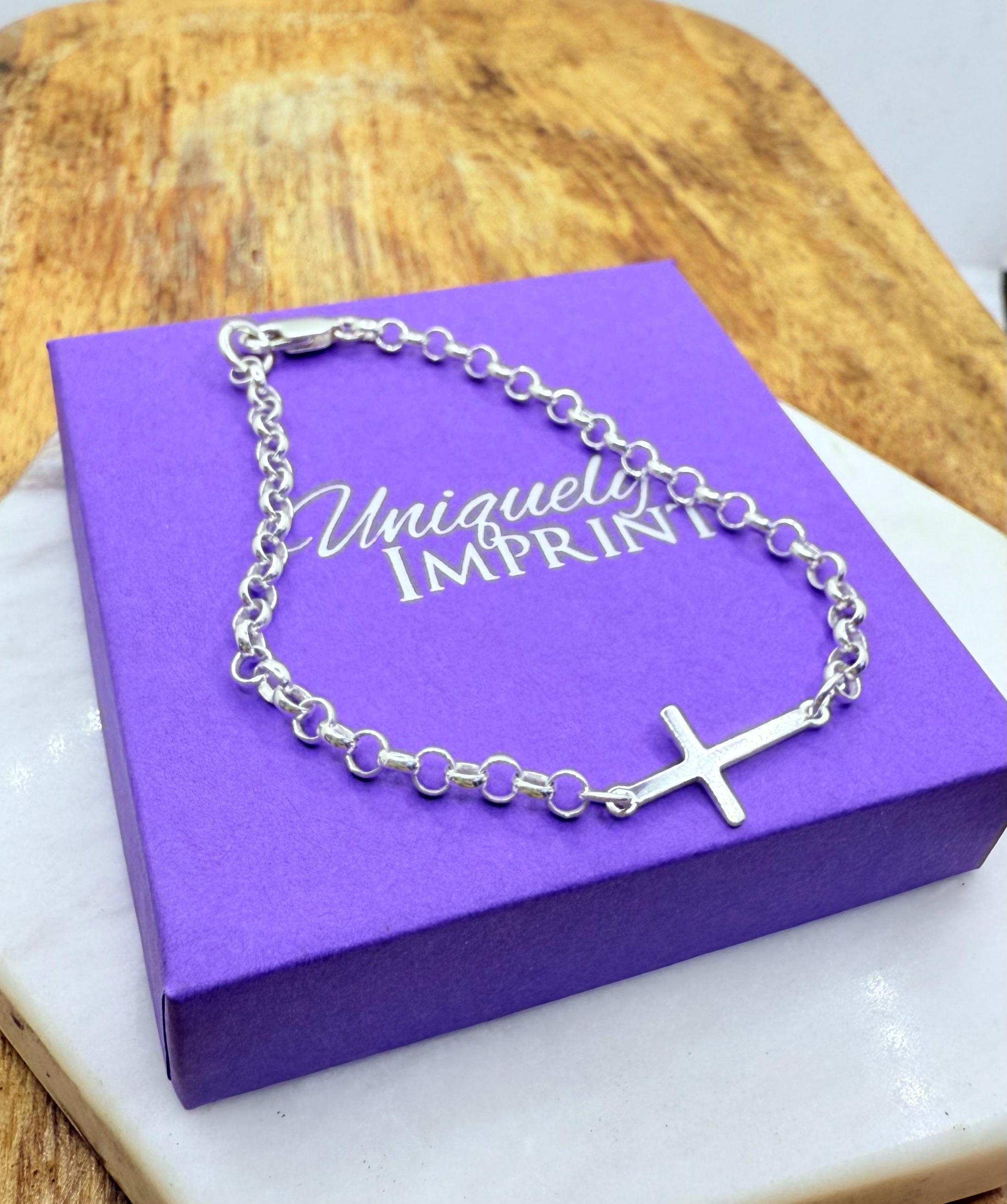 Silver Sideways Cross Charm Bracelet - Fashion Chain Bangle, Silver Plated