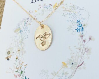 14k Gold Filled Hummingbird Necklace: Hand Stamped Bird Charm
