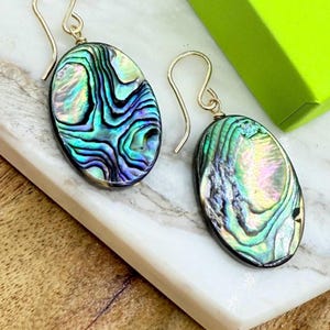 Abalone Shell Drop Earrings: 14k Gold Filled Wires, Iridescent Dangle