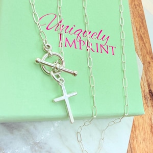 Sterling Silver Cross Toggle Necklace, Paperclip Chain, Small Cross