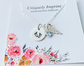 Sterling Silver Miscarriage Necklace, Footprints, Wing Charm, Birthstone