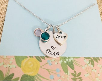 Oma Birthstone Necklace, Grandma Necklace, Grandma Gift Grandma Heart Necklace with Birthstones