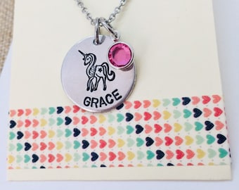 Personalized Unicorn Name Necklace: Hand Stamped Name and Birthstone Crystal