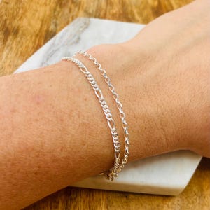 Double Strand Sterling Silver Bracelet, Dainty Figaro & Rolo Chains, Layered Minimalist Jewelry, Everyday Stackable Bracelet
