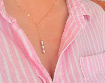 Gold Lariat Pearl Necklace, Real Freshwater Pearl Drop Necklace, Dainty Y Necklace, Muave Pink Pearls