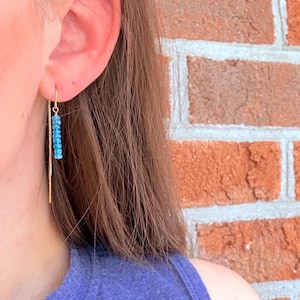 Blue Apatite Threader Earrings in 14k Gold Fill, Faceted Gemstone Ear Threads, Dainty Blue Gemstone Earrings