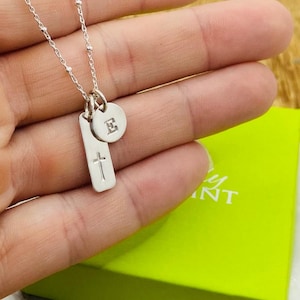 Sterling Silver Cross Necklace, Cross with Initial Necklace, Silver Simple Cross, Cross and Personalized Initial, Satellite Chain