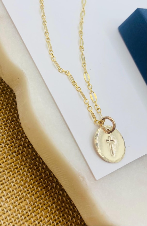 Stamped Gold Cross Necklace: 14k Gold Filled Sequin Chain, Mirrored Chain