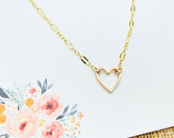 Tiny Gold Open Heart Necklace: Dainty 14k Gold Filled Chain