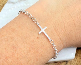 Silver Cross Bracelet - 925 Sterling Silver Bracelet - Rolo Chain